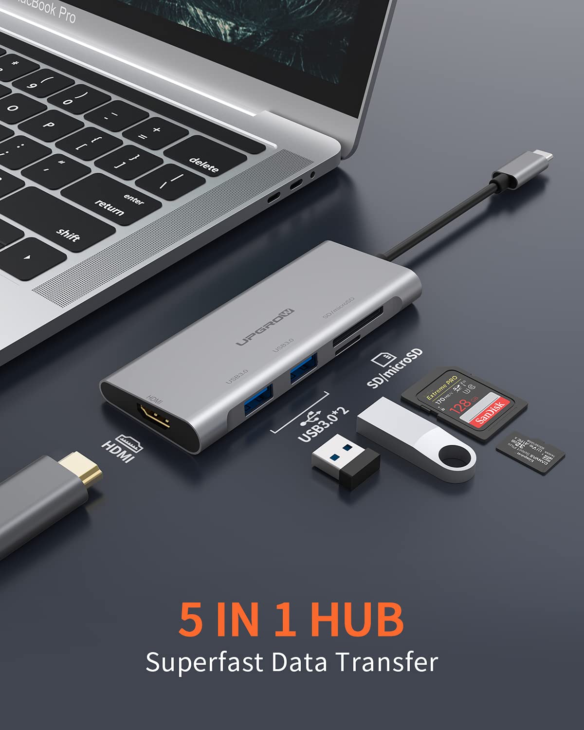 UPGROW USB C to HDMI Hub, Type C 5 in 1 Adapter with 2 USB 3.0 Ports, 4K@30Hz HDMI, SD/TF Card Reader, Compatible with MacBook Pro 2018-2020, ChromeBook, Dell XPS, Surface Go and Other C-Port Laptops