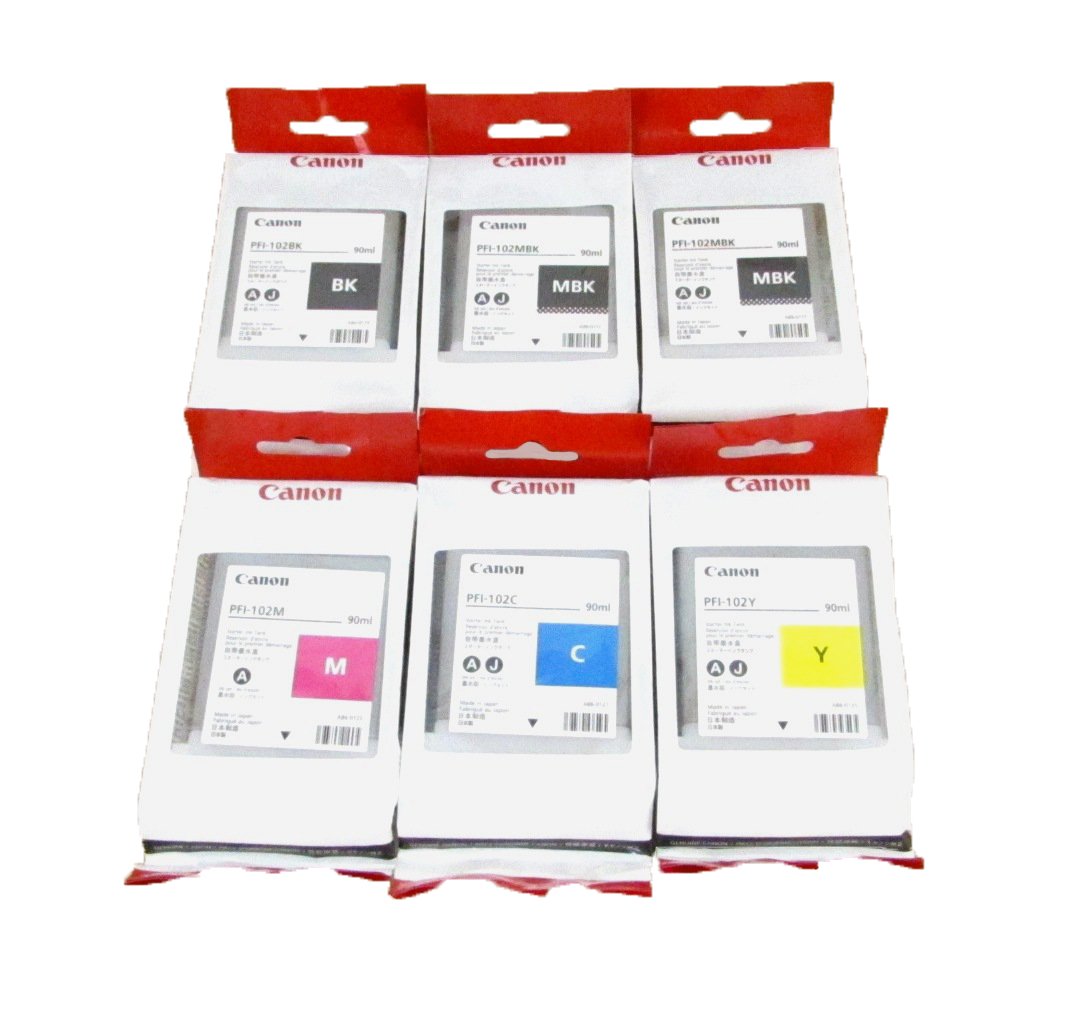 Canon PFI-102 90ml Ink Tank for Canon iPF510/680/685/710/720/780/785, Complete Set of 6 - 2X Matte Black Ink Tank - Black Ink Tank - Cyan Ink Tank - Magenta Ink Tank - Yellow Ink Tank