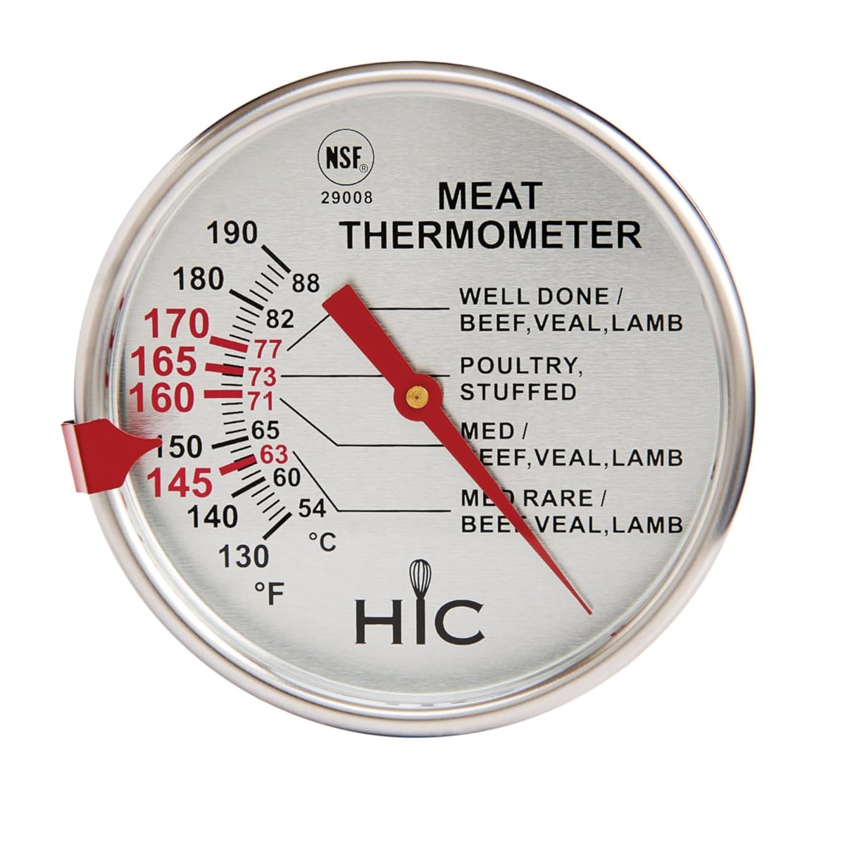 HIC Roasting Meat Poultry Turkey Grill Thermometer, Oven Safe, Large 3-Inch Easy-Read Face, Stainless Steel Stem and Housing