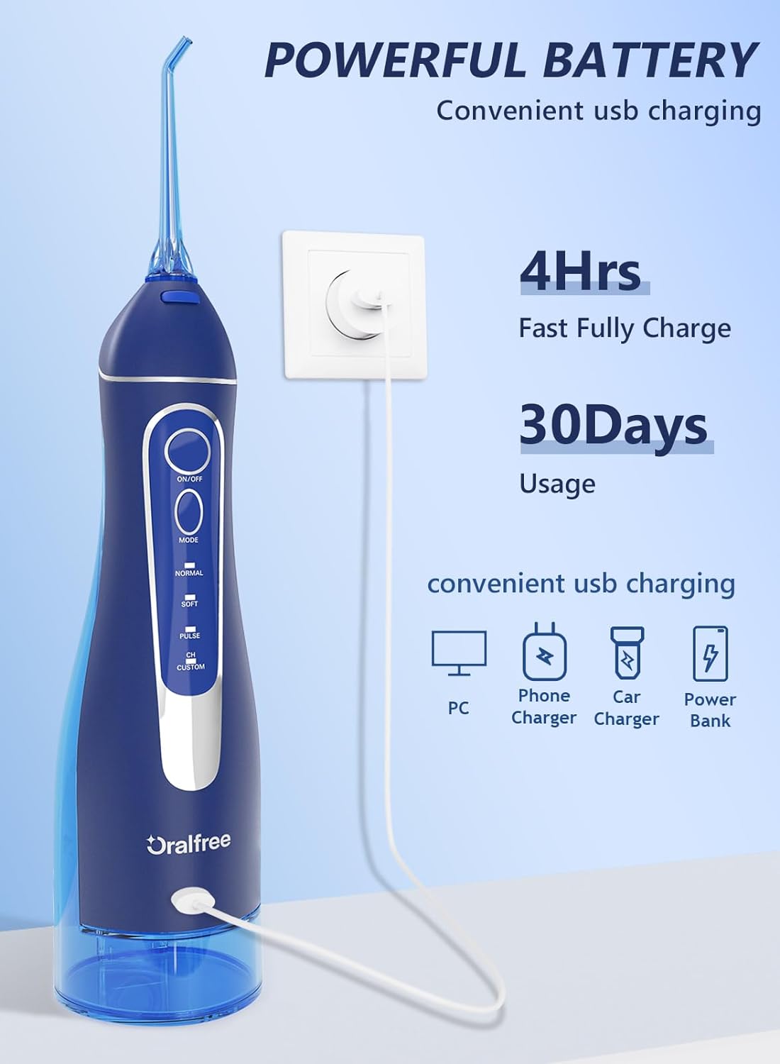 Water Dental Flosser Cordless for Teeth Cleaning - 4 Modes Oral Irrigator 300ML Braces Flossers Cleaner, Rechargeable Portable IPX7 Waterproof Powerful Battery for Travel Home