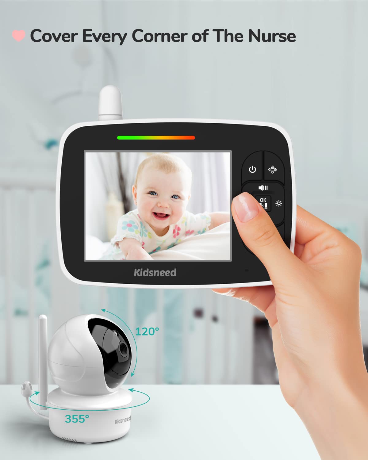 Baby Monitor, Kidsneed Video Baby Monitor with Remote Pan-Tilt-Zoom Camera and Audio, Large Screen Night Vision, Two Way Talk, Temperature Display, Lullabies, VOX Mode, 960ft Range