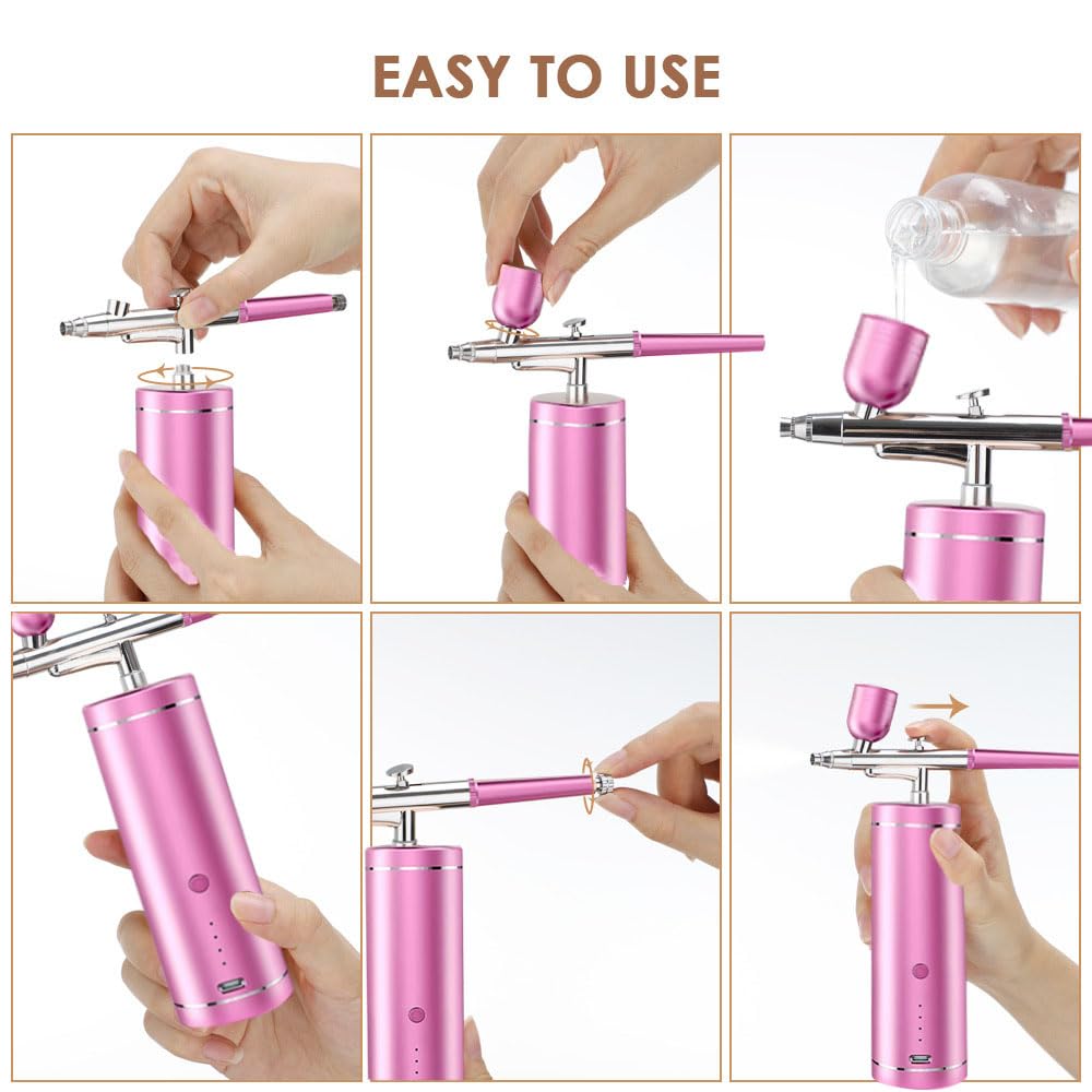 Airbrush Kit with Compressor, Rechargeable Handheld Cordless Air Brush, Portable Cordless Auto Airbrush Gun Kit, Airbrush Gun Kit, for Tattoo, Nail Art, Makeup, Model Painting (PINK)