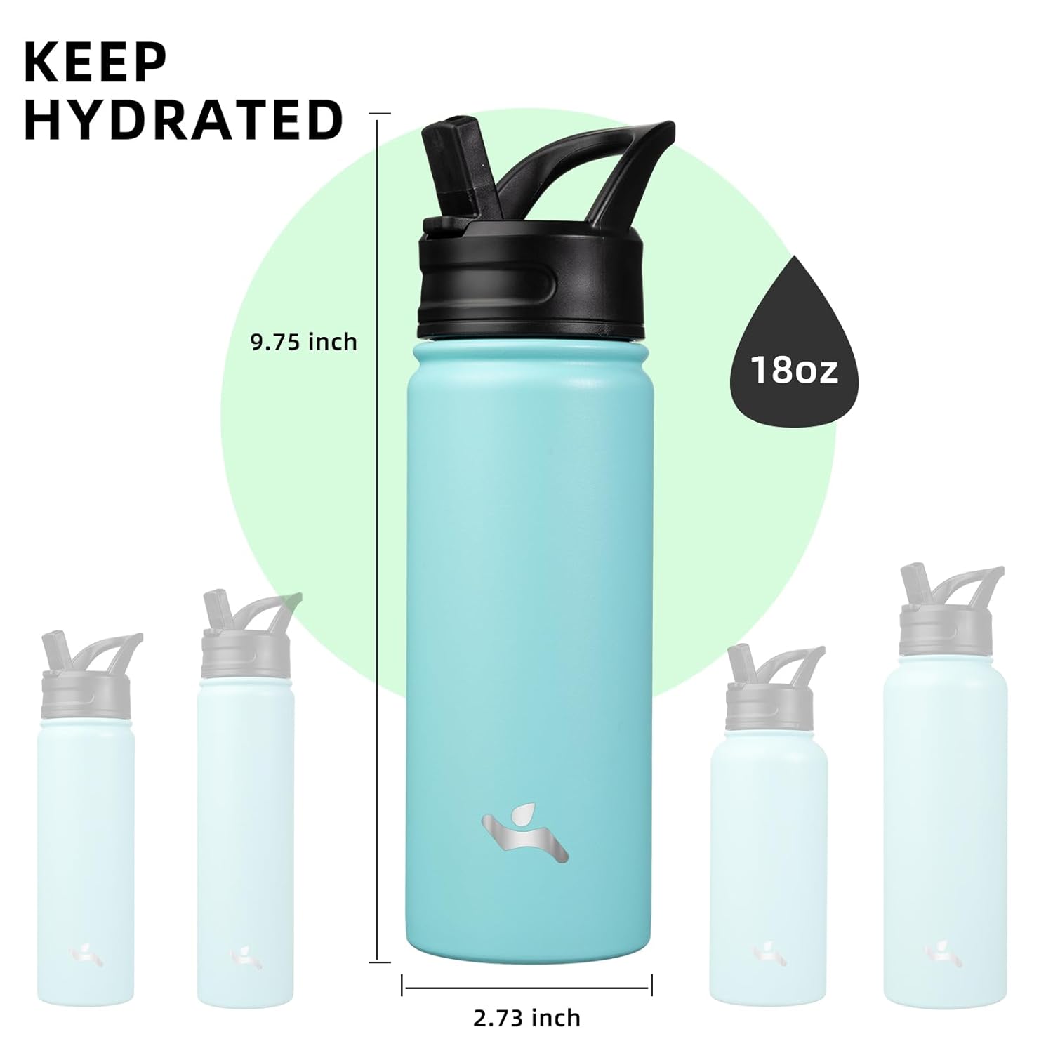 Konokyo Insulated Water Bottle with Straw,18oz 3 Lids Metal Bottles Stainless Steel Water Flask,Turquoise
