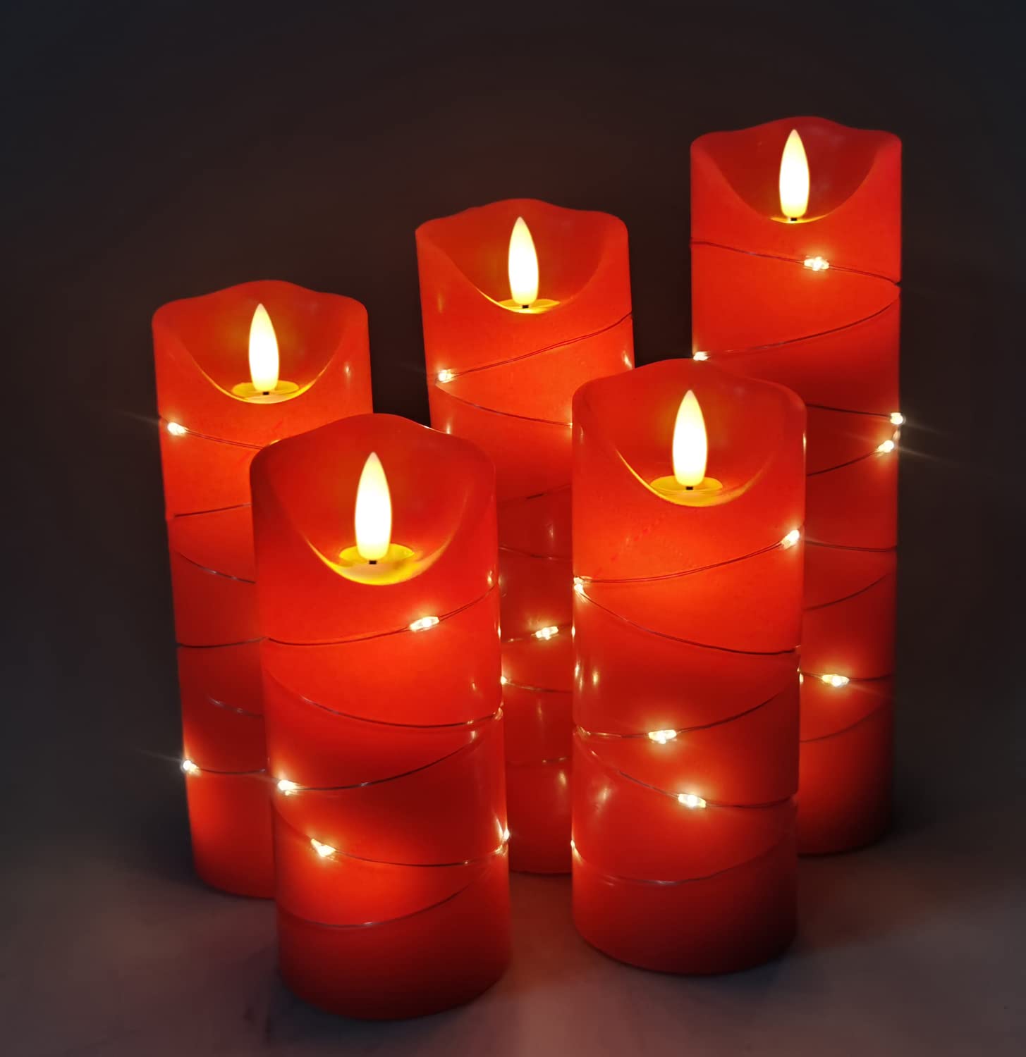 DANIP Red LED Flameless Candle with Embedded Star String, 5Piece LED Candle with 11 Button Remote Control, 24 Hours Timer Function, Dancing Flame, Real Wax, Battery Powered