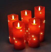 DANIP Red LED Flameless Candle with Embedded Star String, 5Piece LED Candle with 11 Button Remote Control, 24 Hours Timer Function, Dancing Flame, Real Wax, Battery Powered