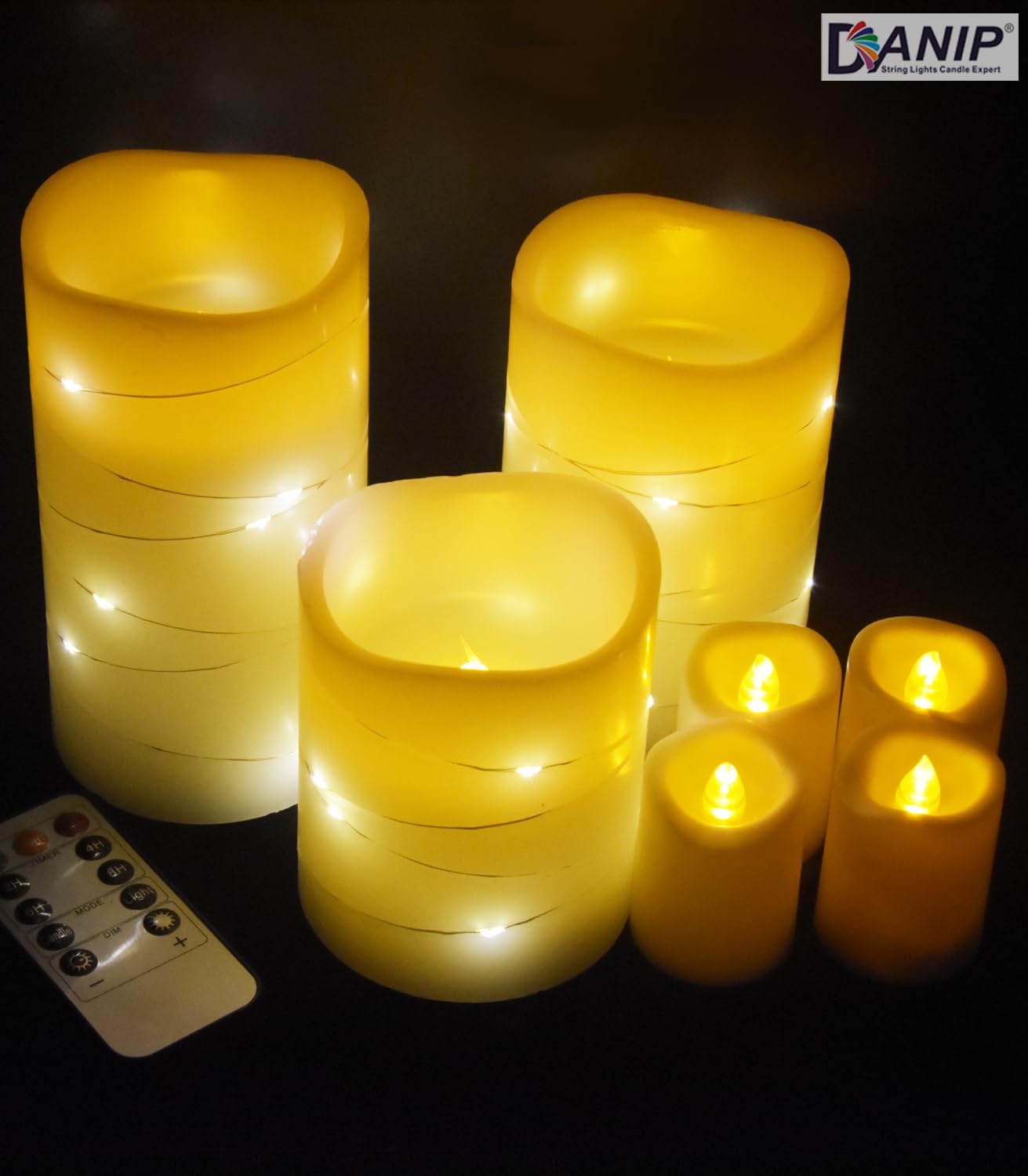 DANIP White LED flameless Candle with Embedded Star String, 3+4-Piece Set of LED Candles, with 11 Button Remote Control, 24-Hour Timer Function, Flashing Flame, Real Wax, Battery Powered