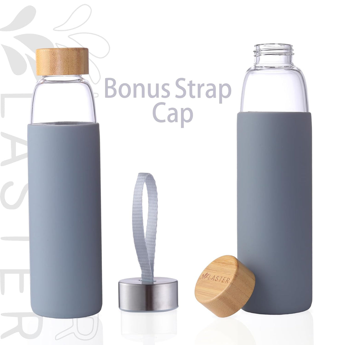 Laster Glass Water Bottle 20 Oz, 600 ml, made of Borosilicate Glass, 1 Bamboo & 1 Stainless Steel Lid, BPA Free, Non-Slip Silicone Sleeve (Grey)