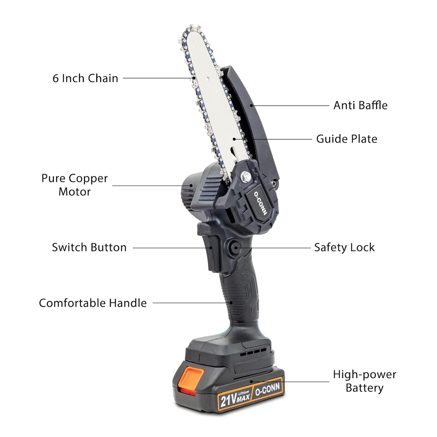 Mini Chainsaw 6 Inch, O-CONN Cordless Mini Chainsaw 24V Battery Powered w/ 2.0Ah Battery and Charger, Handheld Portable Electric Chain Saw, for Tree Trimming Branch Wood Cutting (1 Battery 1 Chain)