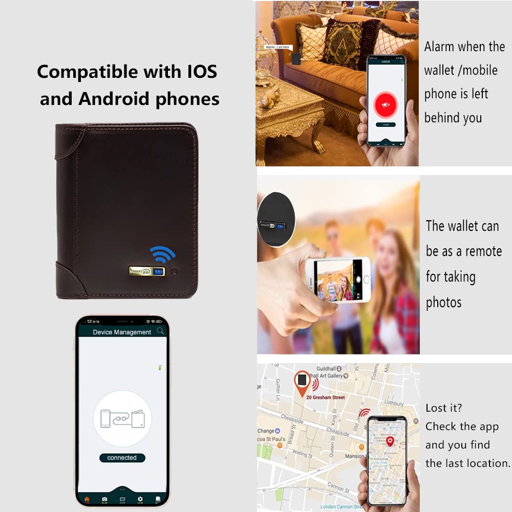 Smart Anti-Lost Wallet Bluetooth Tracker, GPS Position Record Bifold Cowhide Leather Thin Men Wallets Smart LB (Black) (Coffee-1)
