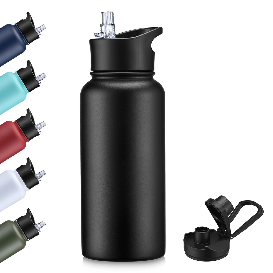 Cool Yoleb 32 oz Insulated Water Bottle with Straw & Spout Lid, Leak Proof Metal Water Bottles, Stainless Steel Double Wall Vacuum, Wide Mouth Thermal Water Bottle for Travel Sports (Black, 1)