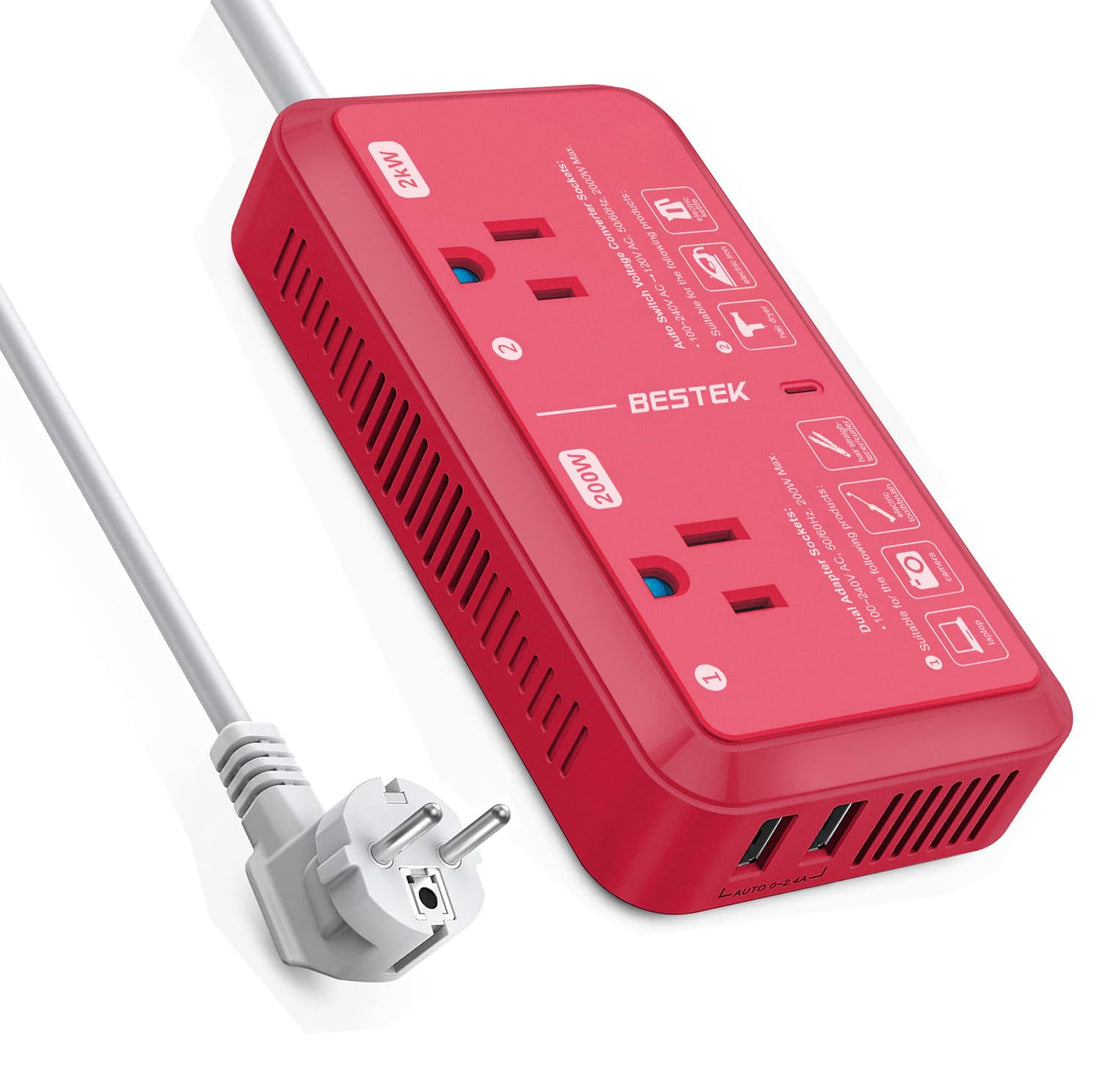 BESTEK 2000W Travel Voltage Converter Power Step Down 240V to 120V Converter with 2.4A 2-Port USB Charging for Hair Dryer/Curling Iron/Coffee Machine/Phone Travel Adapter for Europe Countries (Red)