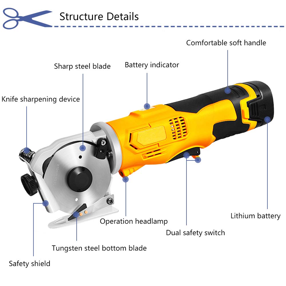 MXBAOHENG Electric Fabric Scissors Cordless Round Knife Cutting Machine Portable Rotary Cutter for Fabric Leather Carpet