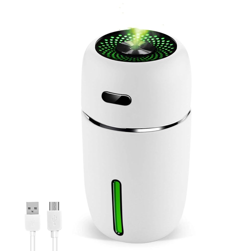 Mini USB Car Humidifier, 200ml Ultrasonic Cool Mist Humidifier with 7 Colors Light Changing, Adjustable Mist Mode,Auto Shut-Off, Super Quiet Operation for Bedroom Home Office, Car, Travel (White)