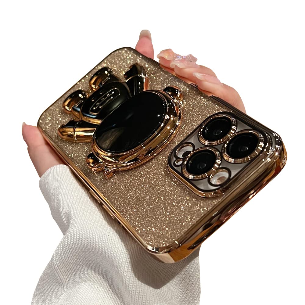 QoKcoahn Astronaut Hidden Stand Phone Case for iPhone 14 Pro Max,Cute Astronaut Folding Bracket Kickstand Luxury Glitter Bling 6D Electroplated Soft TPU Protective Case for Men Women Gold