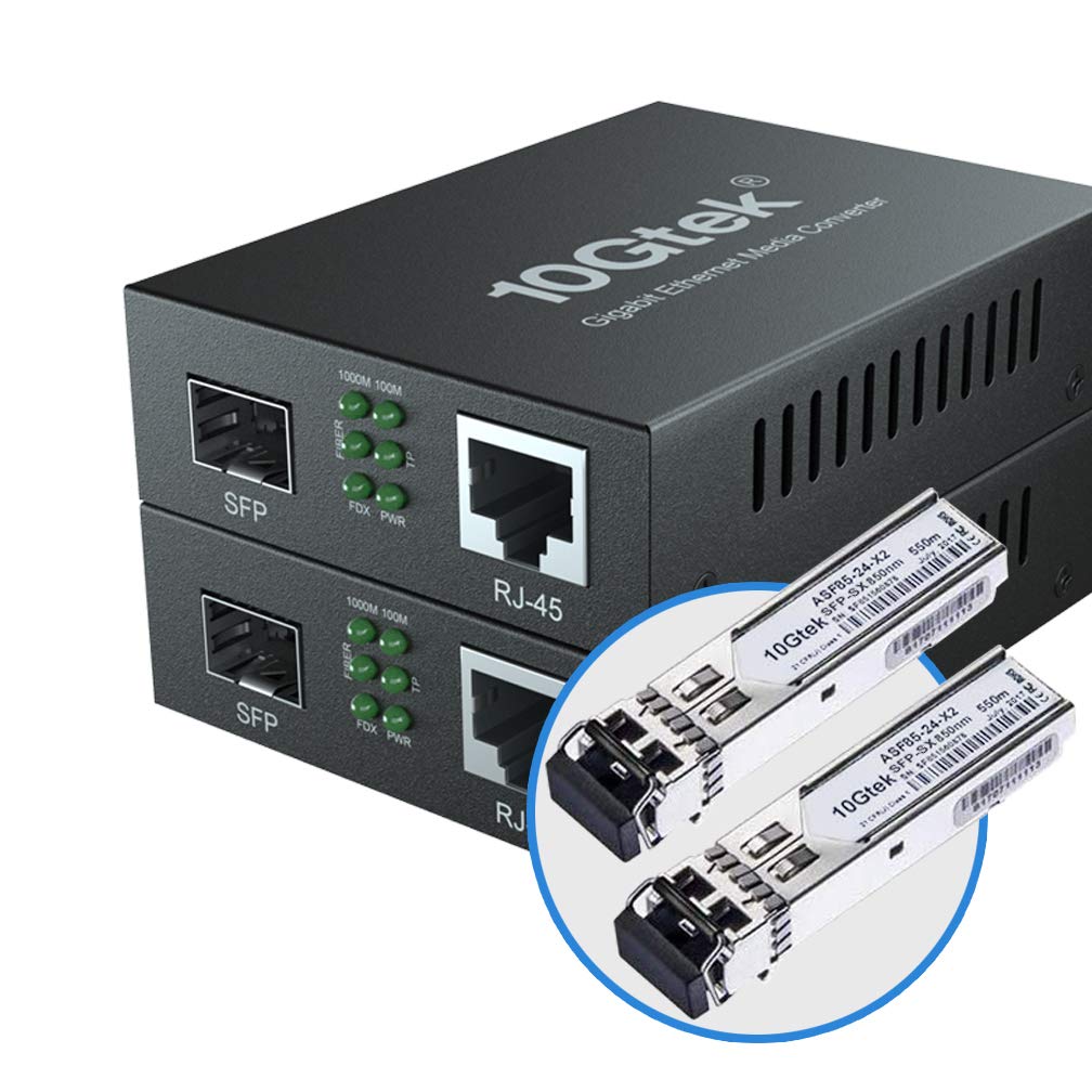 10Gtek Gigabit Ethernet Media Converter, MultiMode Dual LC Fiber to Ethernet RJ45 Converter for 10/100/1000Base-Tx to 1000Base-SX(with a SFP MMF 850-nm Module), UL Certified, up to 550-m, Pack of 2