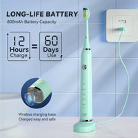 JTF Electric Toothbrush Set with 6 Brush Heads & Travel Case, Long-Life Battery Charging 12 Hours for 60 Days Use, 5 Modes with Smart Timer, Sonic Electronic Toothbrush for Teens & Adults, Green