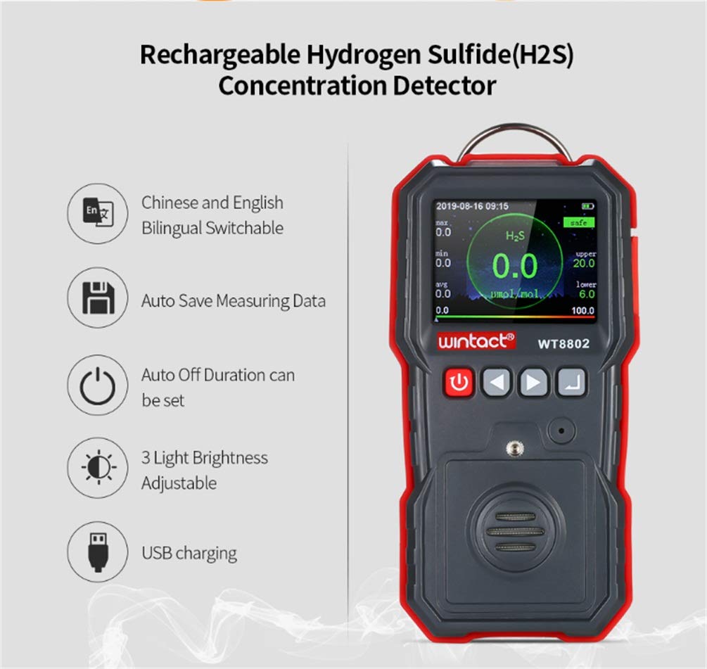 Digital Hydrogen Sulfide Monitor Color 0~100μmol Range LCD Display Rechargeable Battery Powered Three Alarm Way Data Record Digital H2S Gas Concentration Detector Meter Tester Analyzer Datalogger