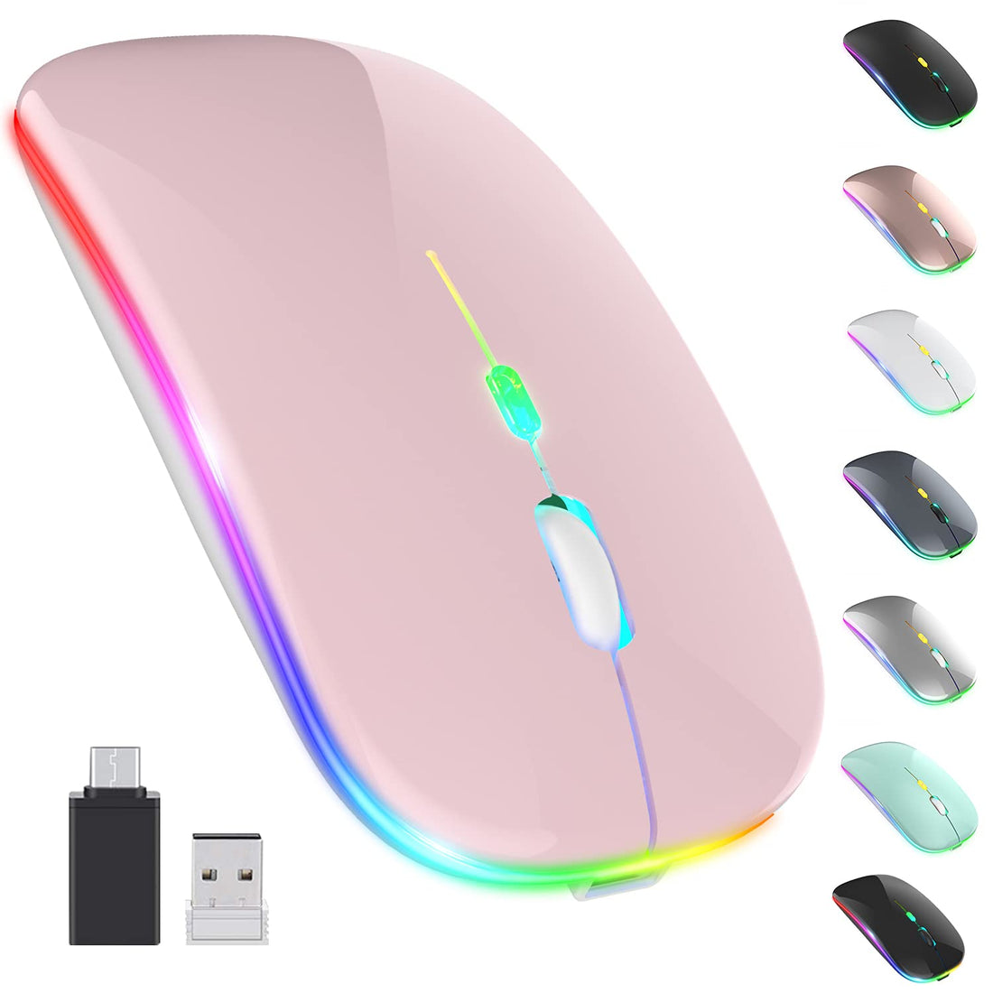 【Upgrade】 LED Wireless Mouse, Slim Silent Mouse 2.4G Portable Mobile Optical Office Mouse with USB & Type-c Receiver, 3 Adjustable DPI Levels for Notebook, PC, Laptop, Computer, MacBook (Pink)