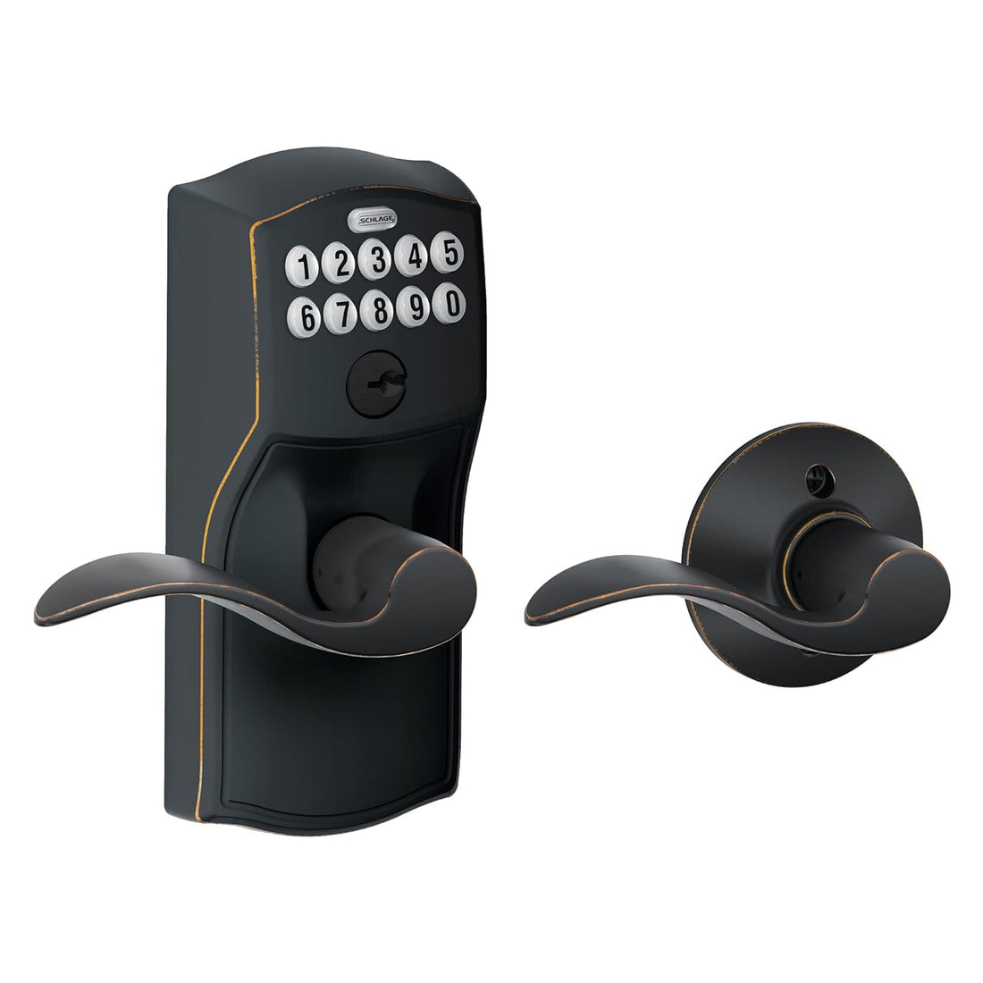 Schlage FE575 CAM 716 Acc Camelot Keypad Entry with Auto-Lock and Accent Levers, Aged Bronze