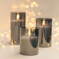 ANGELLOONG Glass Battery Operated Candles, Flickering Flameless Candles with Remote and Timer, LED Electric Pillar Candles for Home Farmhouse Bathroom Decor, Gray