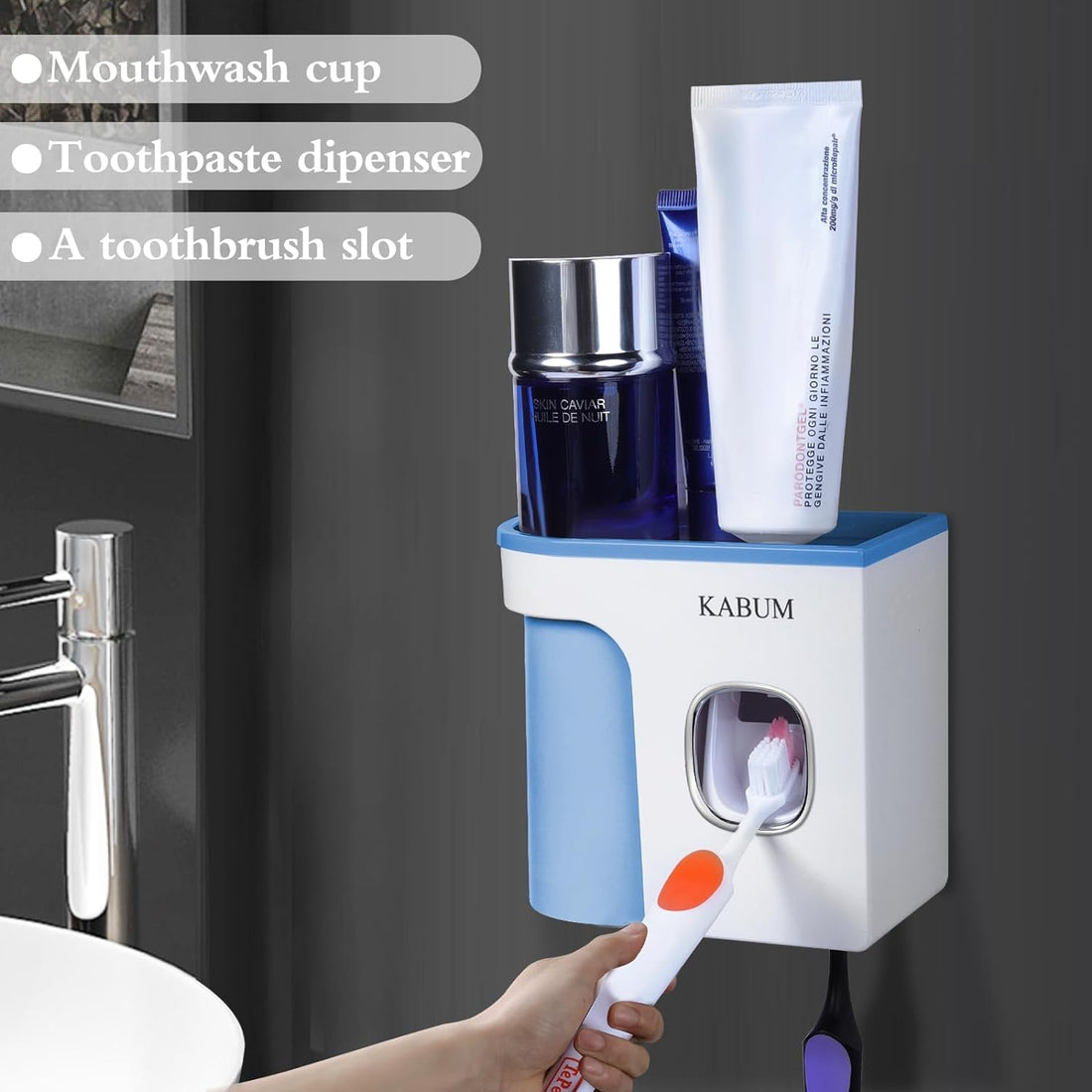 Toothbrush Holders for Bathrooms Toothpaste Dispenser Blue- Cup Automatic Toothpaste Squeezer Wall Mounted, Ideal Bathroom Accessories Organization