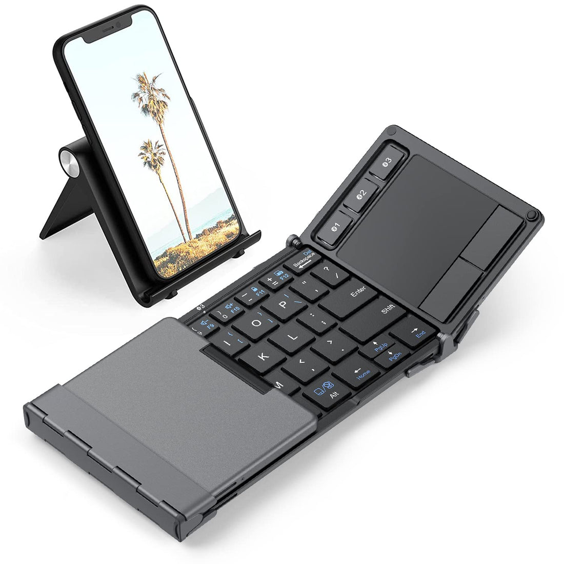 iClever Portable Tri-folding Bluetooth keyboard with Touchpad Connect 3 Devices Simultaneously Ultra Slim Wireless Keyboard with Carry Pouch Aluminum Alloy Dark Grey