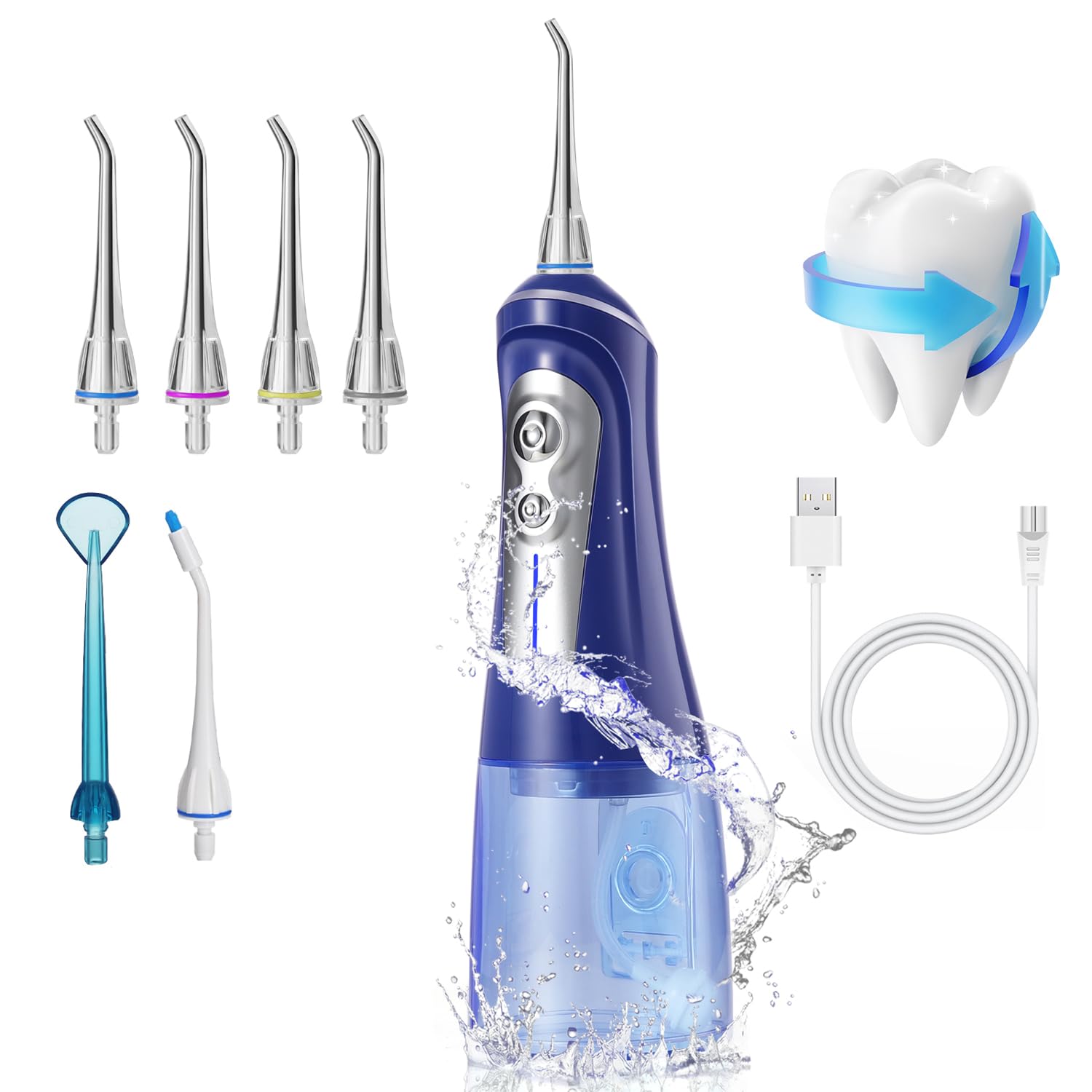 Water Flosser Teeth Cleaning Pick, Portable Cordless Power Flosser 6 Pressure Mode 320ML USB Rechargeable Oral Irrigator for Oral Health - Blue