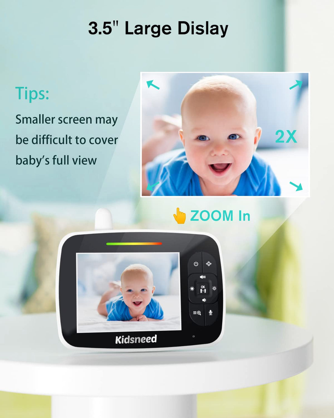 Baby Monitor, 3.5" Screen Video Baby Monitor with Camera and Audio, 2 Zoom in, Night Vision, VOX Mode, Temperature Monitoring, Lullabies, 2-Way Talk, Feeding Alarm Clock