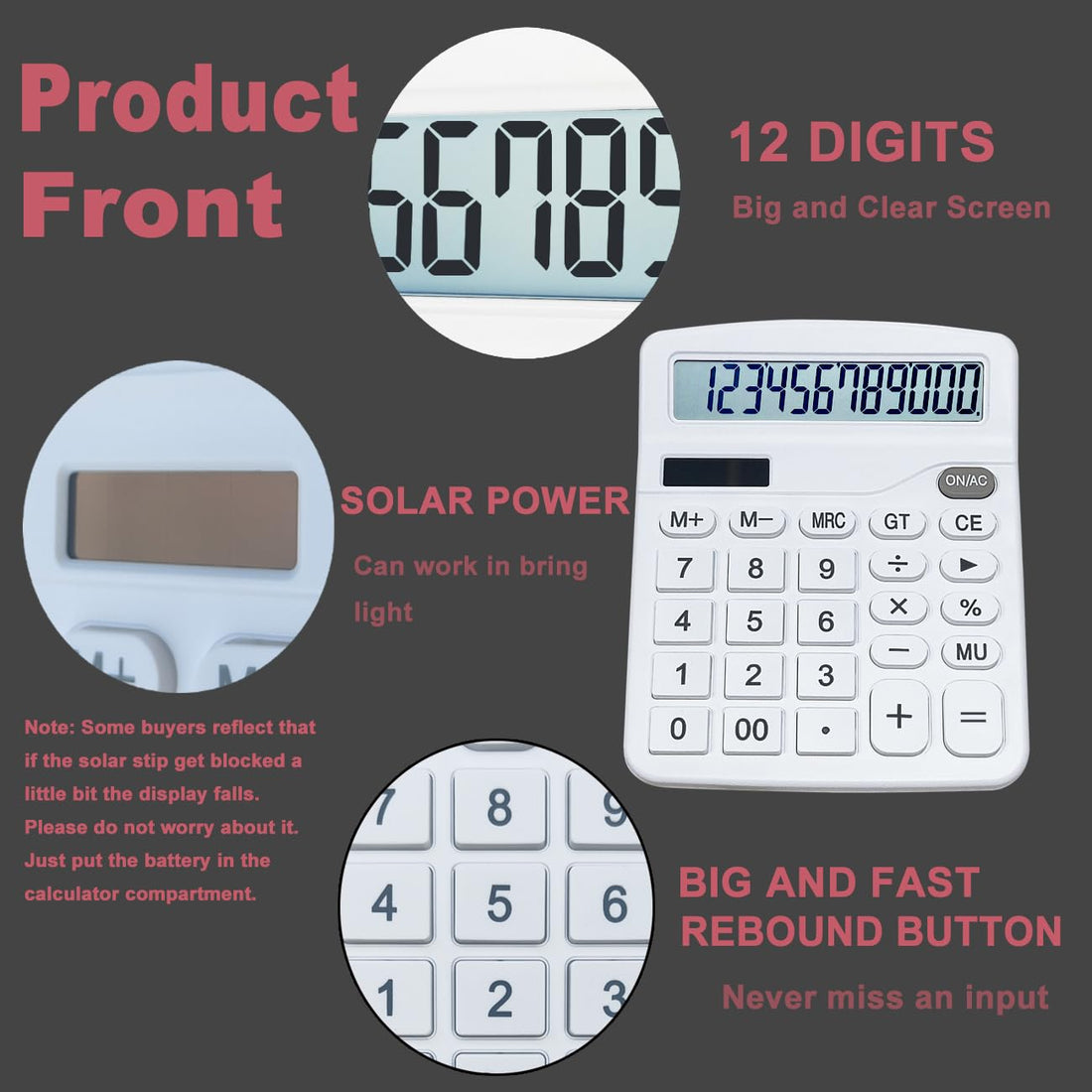 Calculators, BESTWYA 12-Digit Dual Power Handheld Desktop Calculator with Large LCD Display Big Sensitive Button (White)