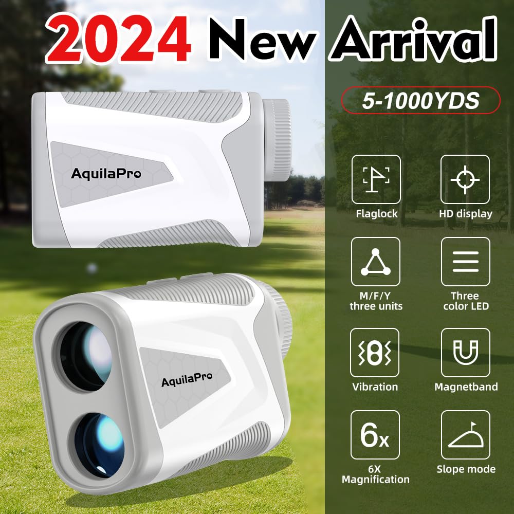 AquilaPro Golf Rangefinder with Slope, 1000 Yards Laser Range Finder Golfing, 6X Magnification, Flag Pole Locking Vibration, Rechargeable Range Finders with Magnet Stripe