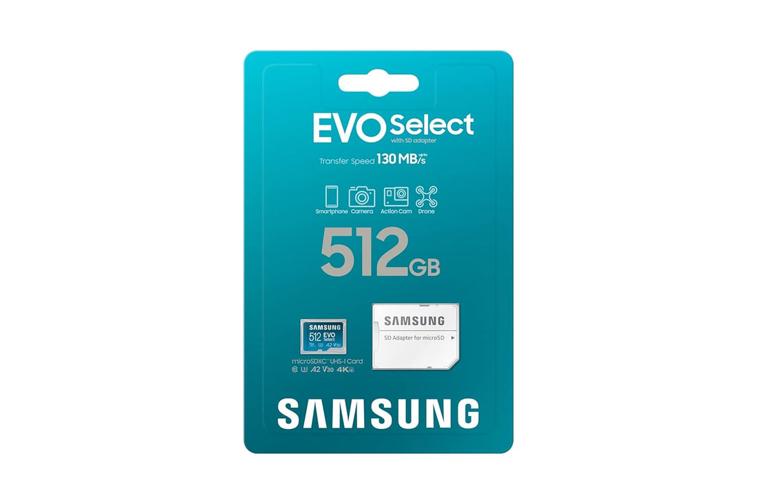SAMSUNG EVO Select + Adapter 512GB microSDXC 130MB/s Full HD & 4K UHD, UHS-I, U3, A2, V30 (MB-ME512KA/AM)