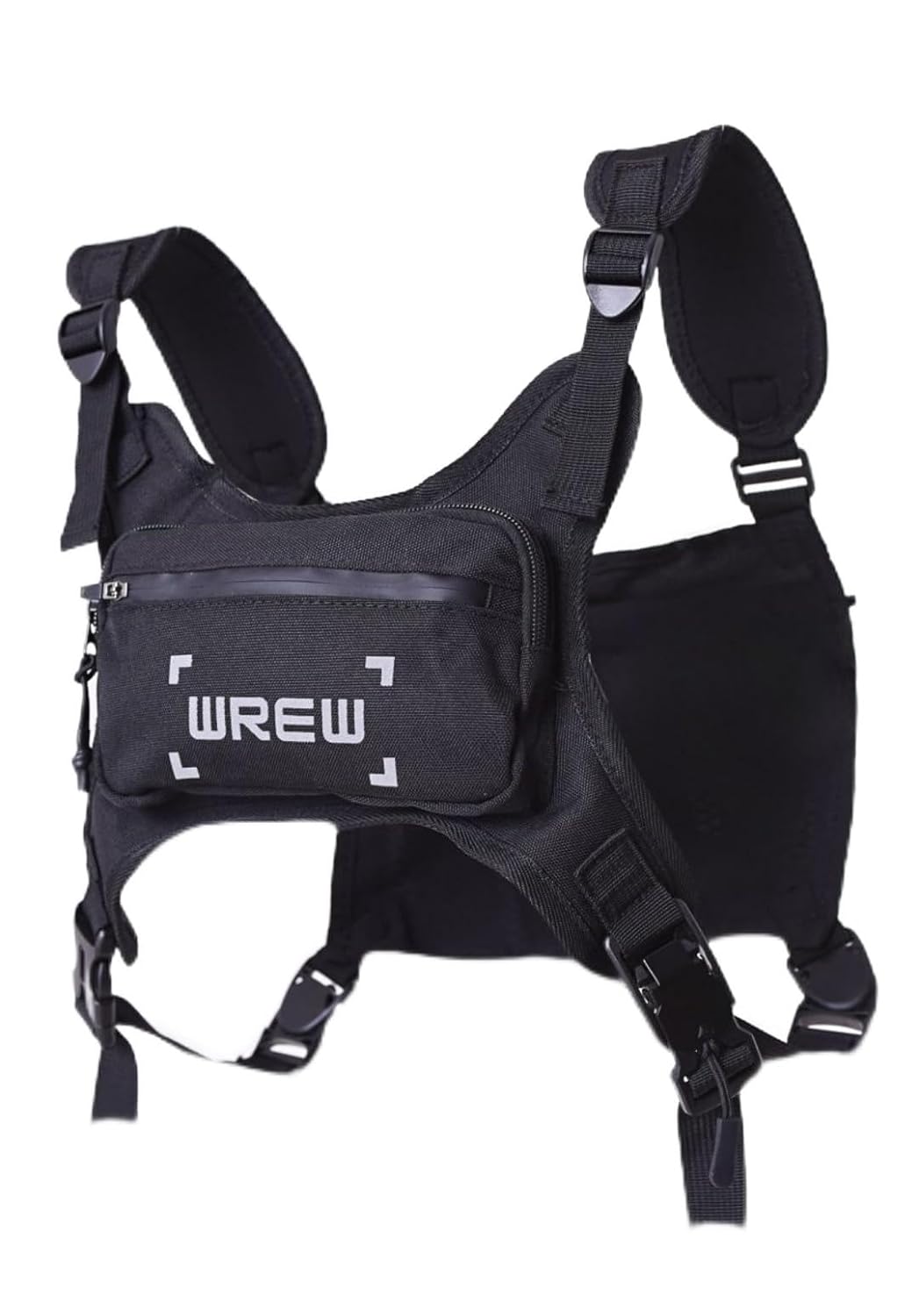 WREW Water Resistant Chest Bag for Men-Minimalist Chest Pack for Workouts, Hiking with Phone Holder Extra and Storage, Adjustable Straps for Easy Fit, Lightweight Running Vest and Backpack (Black)