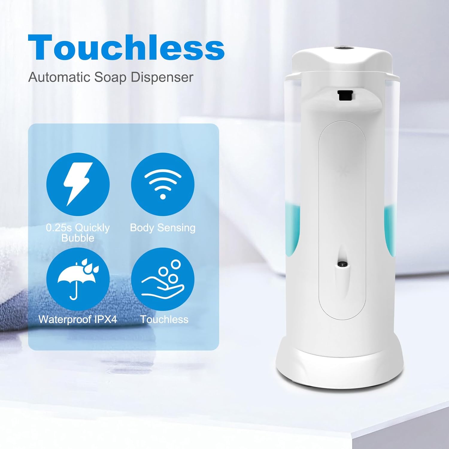 Obsoorth Automatic Soap Dispenser Waterproof Touch-Free 12.5oz Volume Control Adjustable Sensor Soap Pump for Kitchen Sink Bathroom Shower Room (White)