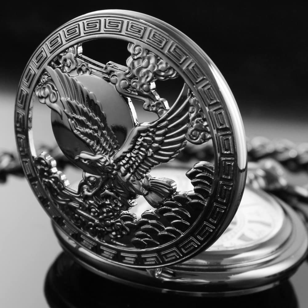 Alwesam Steampunk Vintage Engraved Eagle Design Pocket Watch Mechanical Wind-Hand with Chain & Box Gifts, black white-22