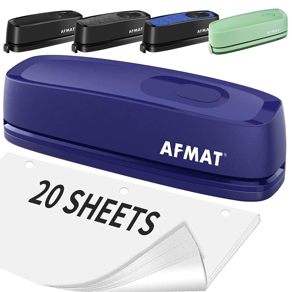 Electric 3 Hole Punch, AFMAT 3 Hole Punch Heavy Duty, 20-Sheet Punch Capacity, AC or Battery Operated Paper Puncher, Effortless Punching, Long Lasting Paper Punch for Office School Studio, Blue