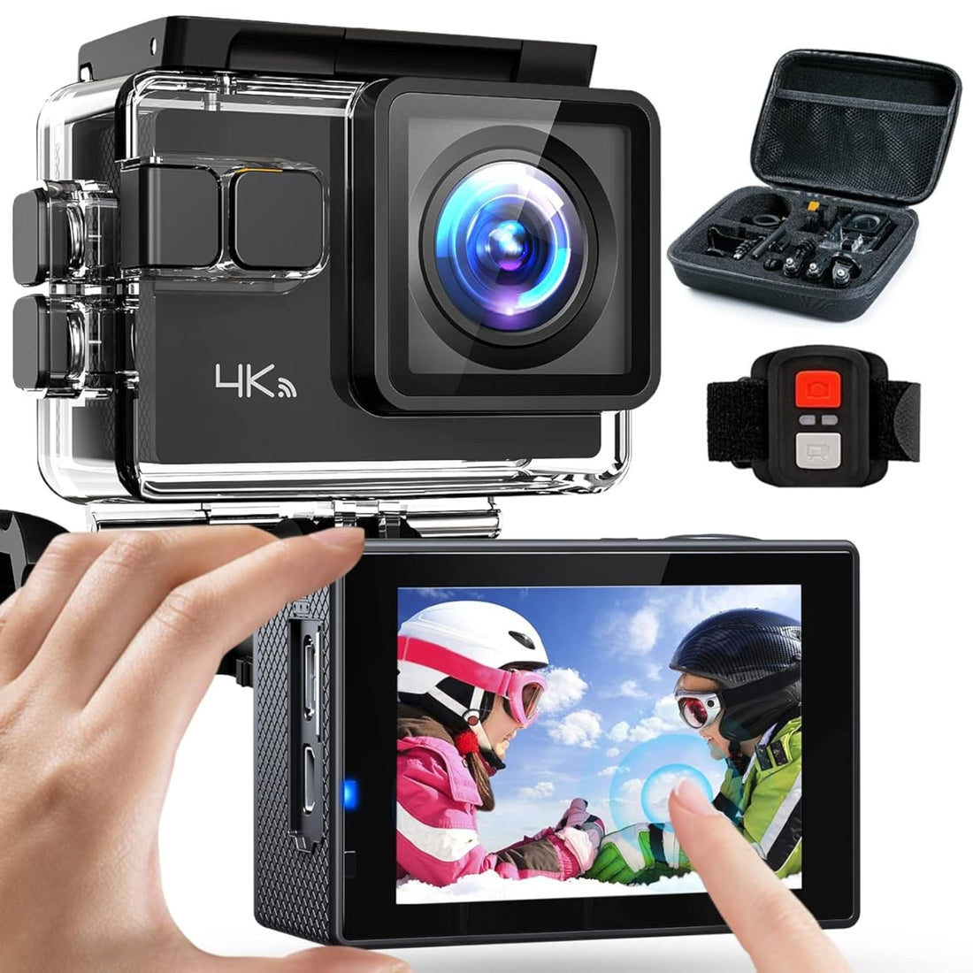 Action Camera 4K 60FPS 20MP Touch Screen 8X Zoom with Carrying Case,Wi-Fi EIS 40M Waterproof Underwater Vlog CamcoderRemote Control Sports Cam with Mounting Accessories Kit