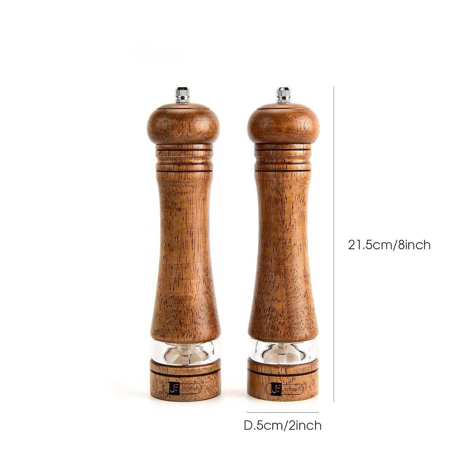 JF JAMES.F Wooden Salt and Pepper Grinder Set 8 inch Rubber Wood Salt and Pepper Mills Set of 2 with Acrylic Visible Window & Adjustable Ceramic Rotor