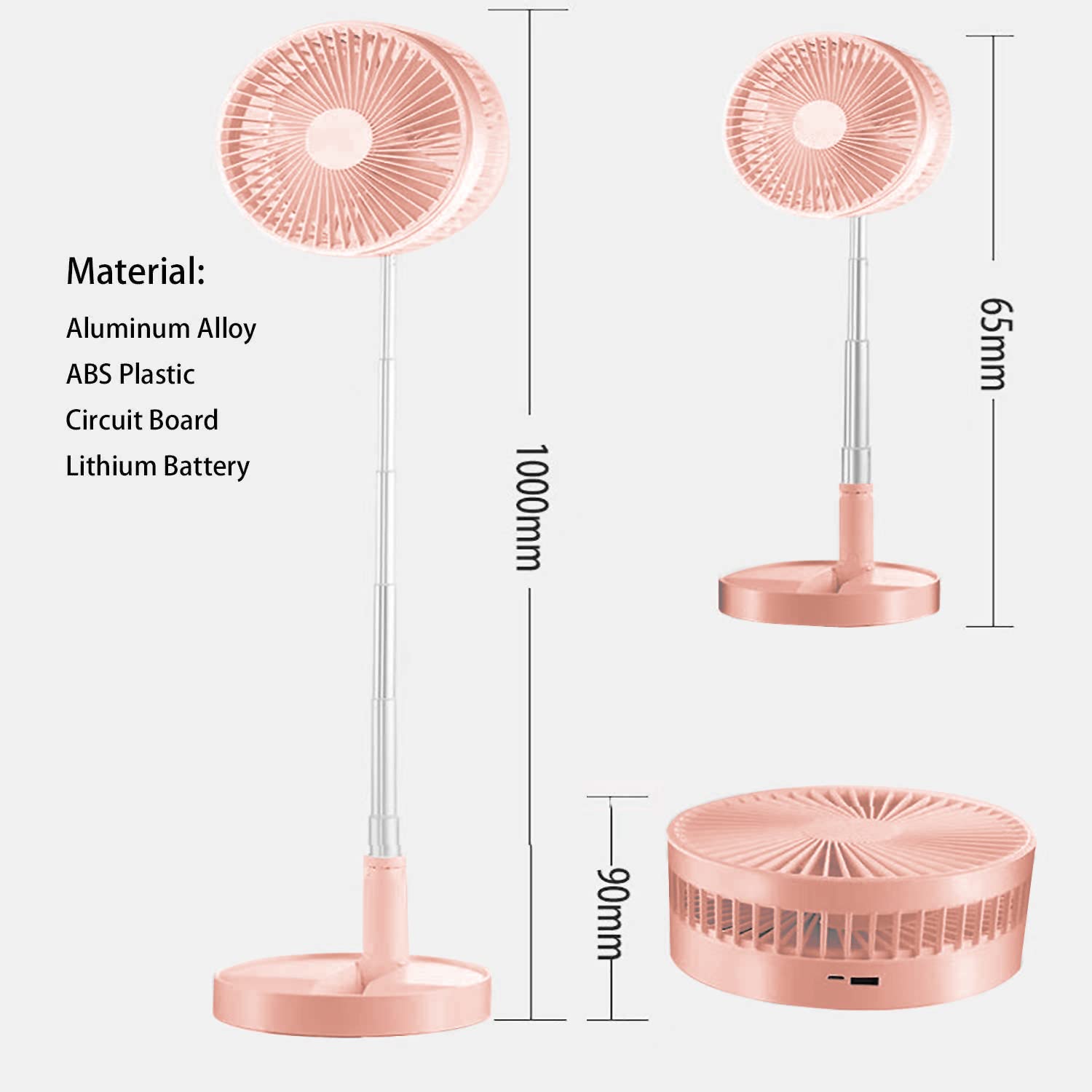 SDYXJ Portable Fan Rechargeable, Stand & Table fan Folding Telescopic & Adjustable Height for Office Home Outdoor Camping (pink)