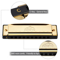EastRock Blues Harmonica Mouth Organ 10 Hole C Key with Case, Diatonic Harmonica for Professional Player, Beginner, Students gifts, Adult, Friends, Gift (Gold)