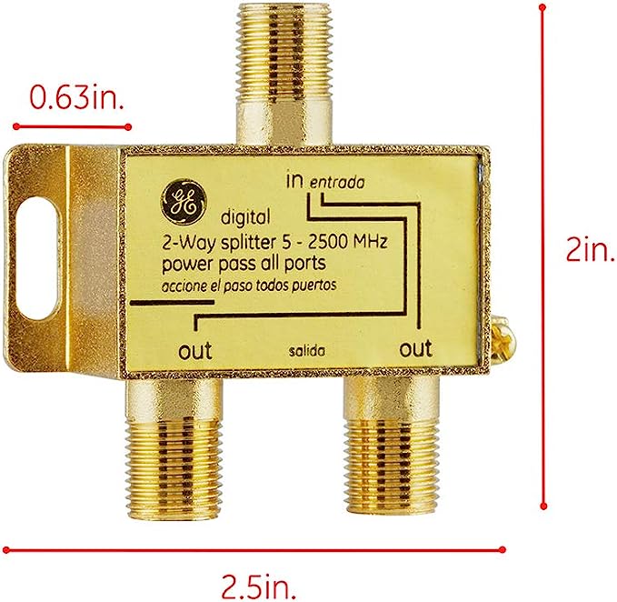 GE Digital 2-Way Coaxial Cable Splitter, 2.5 GHz 5-2500 MHz, RG6 Compatible, Works with HD TV, Satellite, High Speed Internet, Amplifier, Antenna, Gold Plated Connectors, Corrosion Resistant, 33526