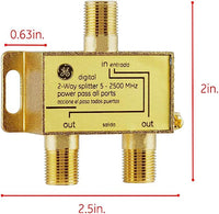 GE Digital 2-Way Coaxial Cable Splitter, 2.5 GHz 5-2500 MHz, RG6 Compatible, Works with HD TV, Satellite, High Speed Internet, Amplifier, Antenna, Gold Plated Connectors, Corrosion Resistant, 33526