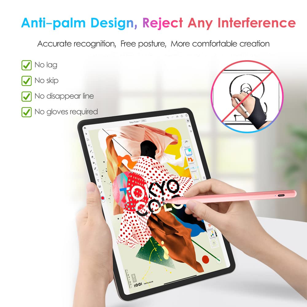 DTTO Stylus Pen for Apple iPad 10th/9th/8th/7th/6th Generation, Pro 11 Inch, Pro 12.9 Inch 6th/5th/4th/3th Gen, Mini 6th/5th Gen, iPad Air 5th/4th/3rd Gen, Palm Rejection, Pink