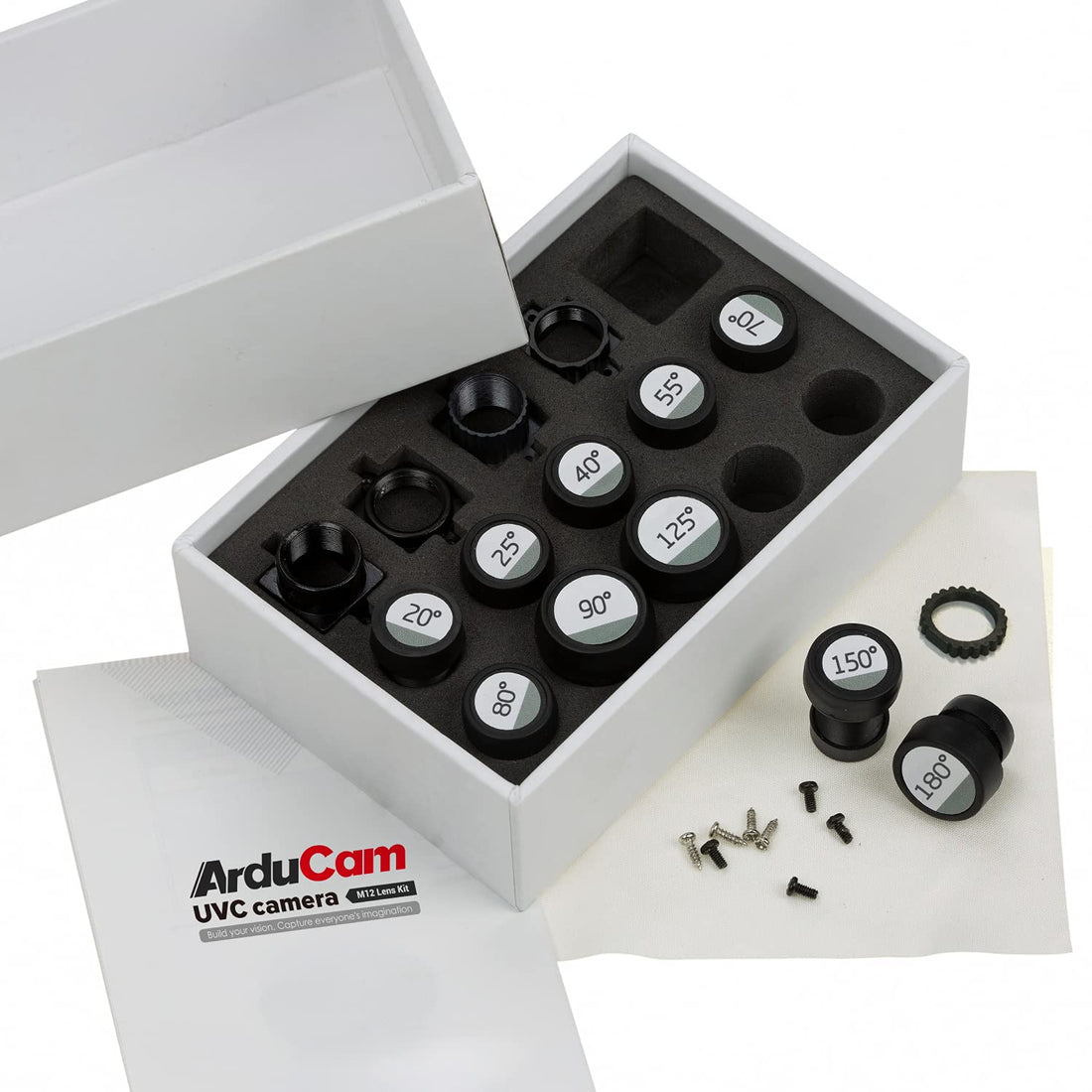 Arducam M12 Lens Set, Arducam Lens for USB Camera(1/2.7” 1/2.8″ 1/2.9″), Telephoto, Macro, Wide Angle, Fisheye Lens Kit (20°- 180°) with M12 Lens Holder and Cleaning Cloth, Optical All-in-One