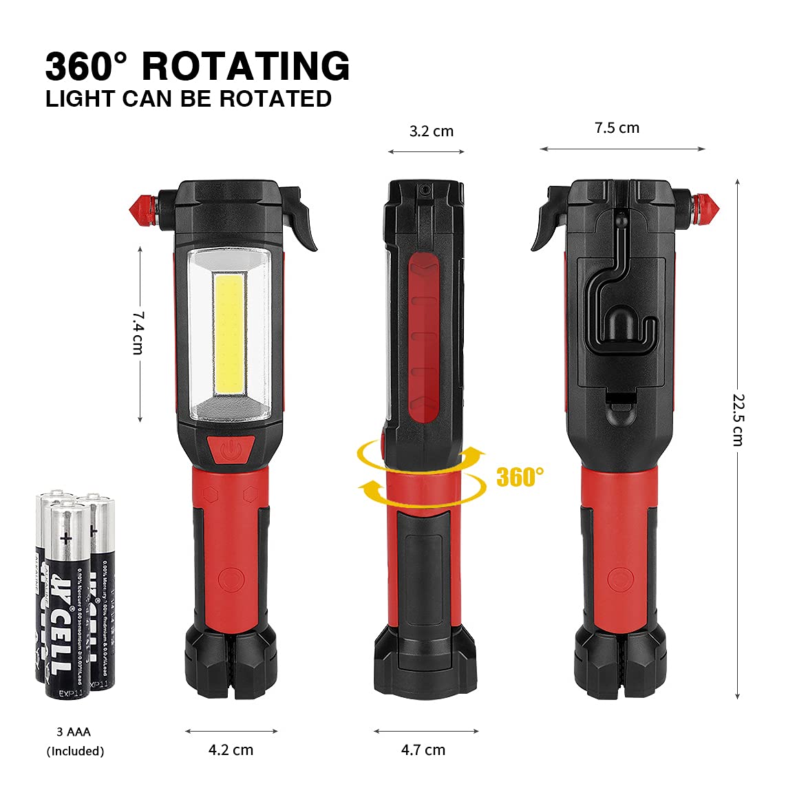 Maksone 9-in-1 Emergency Auto Tool with Flashlight, Window Breaker & Seat Belt Cutter, Magnetic LED Work Light with Hook for Car Repair, Camping, and Emergency Use (Battery Included) (1 Pack)