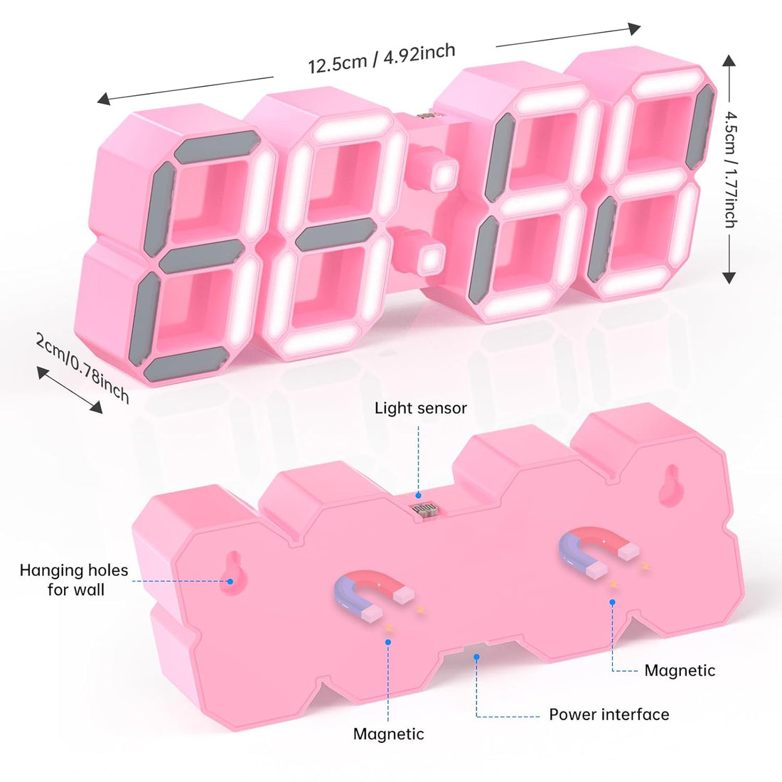 KWYDYP 4.9'' Mini 3D LED Digital Clock - Dual Alarm Clock with Remote, Magnetic, 12/24H, Date & Temp, Auto L1-L4 Brightness, USB-Powered, Nightlight Gaming Set Decor Gifts Clock for Kids - Pink