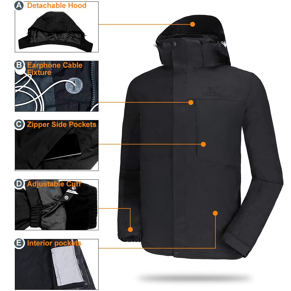 CAMELSPORTS Men's Mountain Ski Jacket 3 in 1 Waterproof Winter Jacket Warm Snow Jacket Hooded Rain Coat Windproof Winter Coat Black