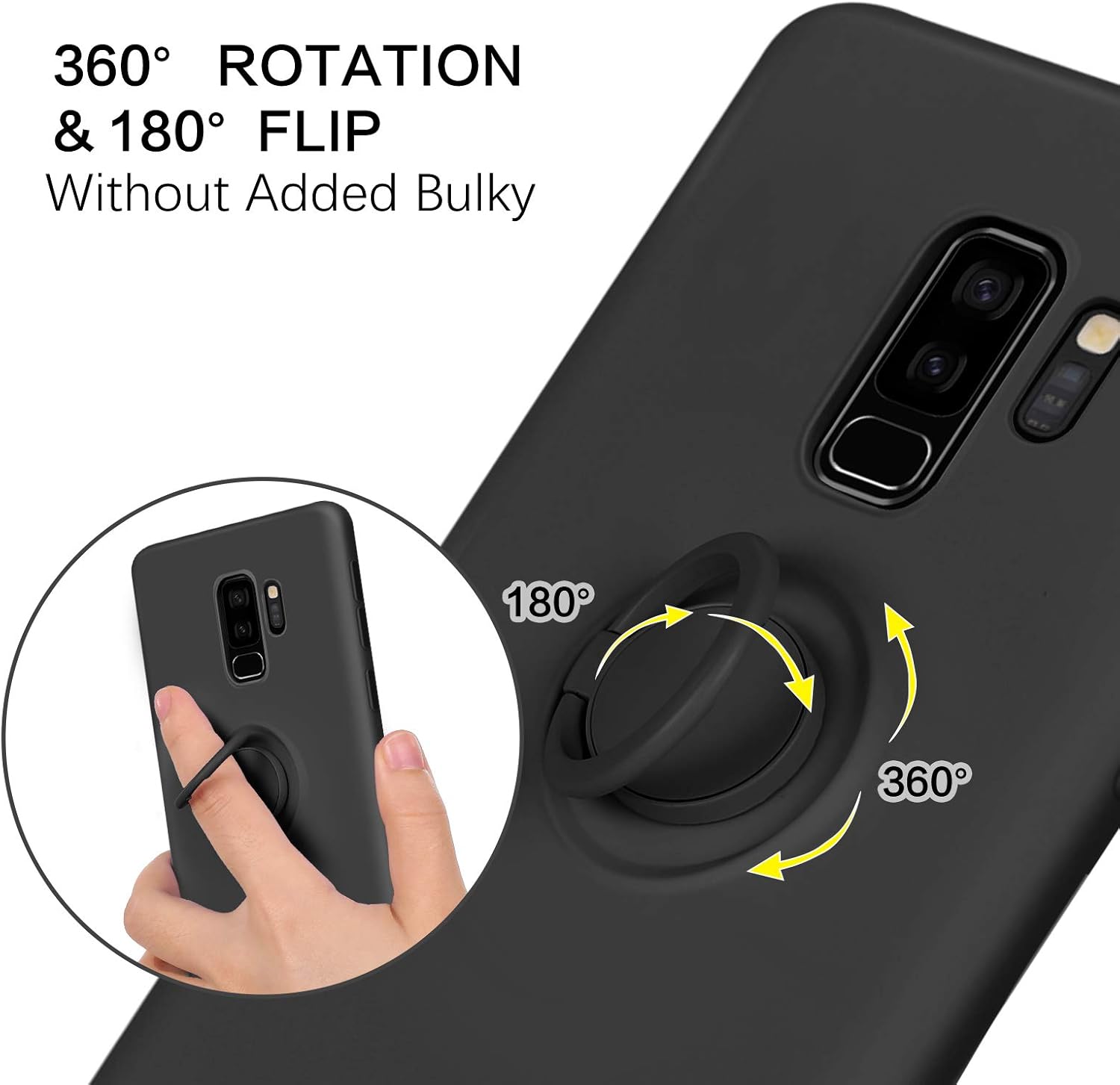 BENTOBEN Samsung Galaxy S9 Plus Case, Slim Silicone Soft Rubber with 360° Ring Holder Kickstand Car Mount Supported Protective Cute Phone Cases Cover for Samsung Galaxy S9+ Plus 6.2" (2018), Black