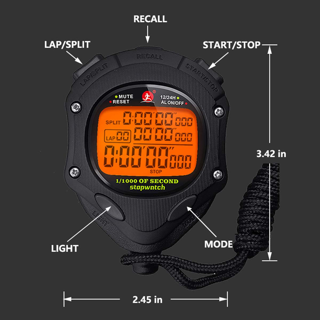 Digital Stopwatch Timer with Back Light Stop Watch 0.001second Timing|100 Lap Memory,Large dispaly Alarm Clock for Coach Sports Swimming Running Marathon Competition(100LAP(Back Light))