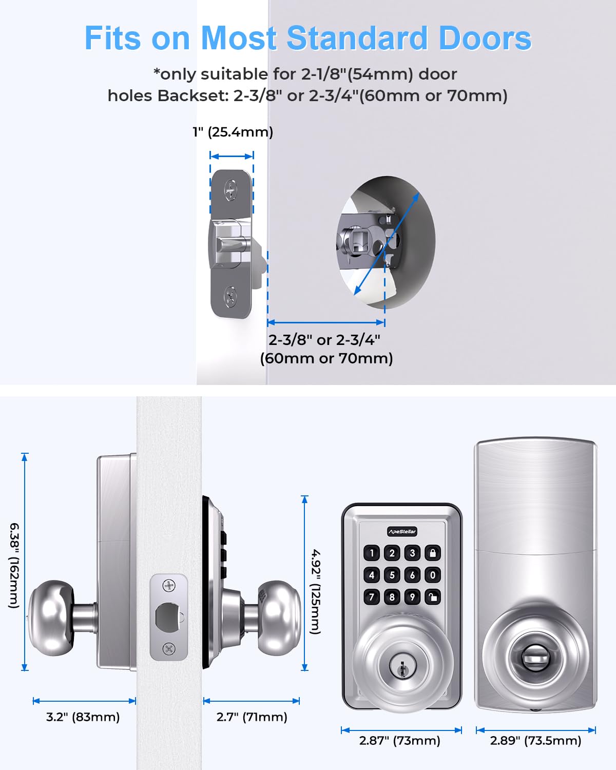 Keyless Entry Door Lock with Handle Knob - Digital Code Door Knob Handle Lock with Keypad - Smart Door Knob with Lock - Anti-peeping Password - Auto Lock - Easy Installation - Satin Nickel -ApeStellar