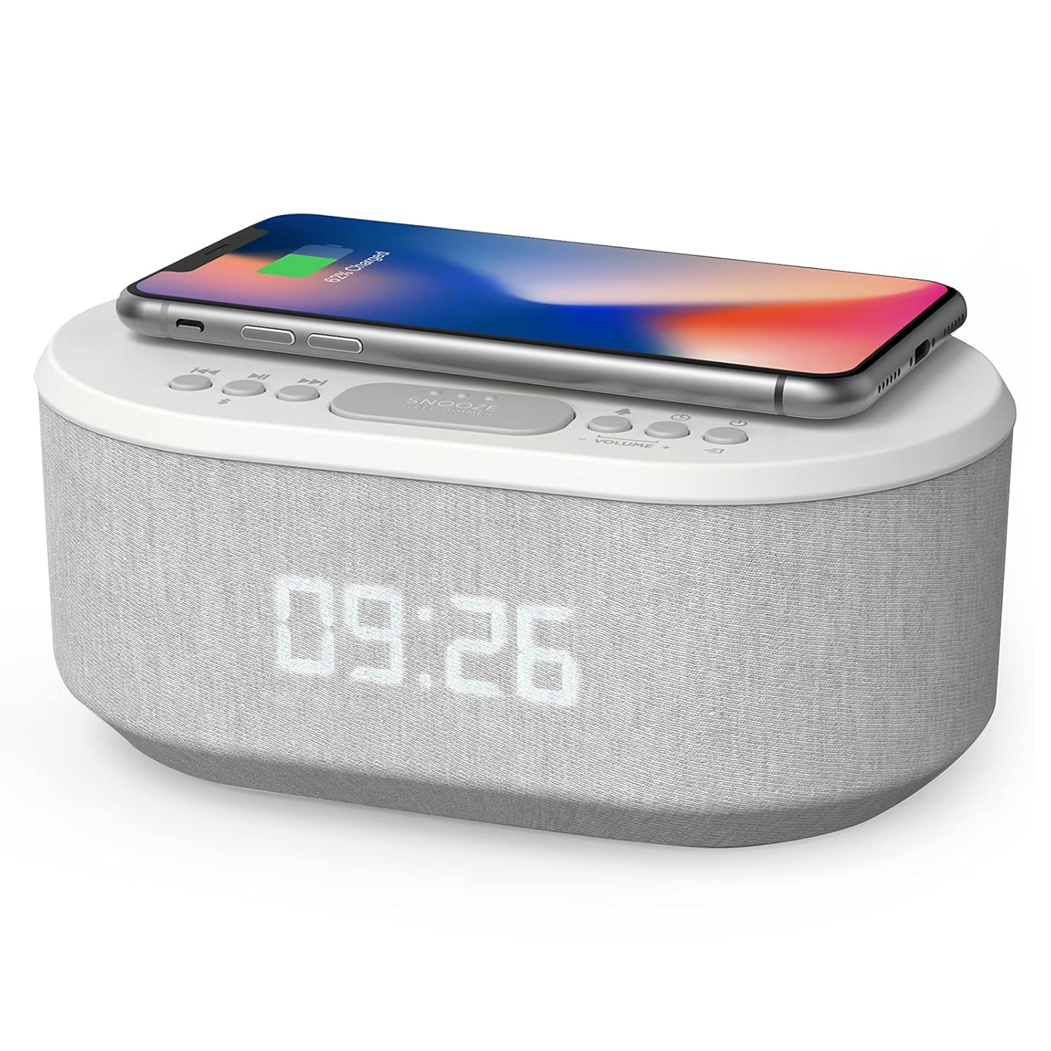 Bedside Radio Alarm Clock with USB Charger, Bluetooth Speaker, QI Wireless Charging, Dual Alarm Dimmable LED Display (White)